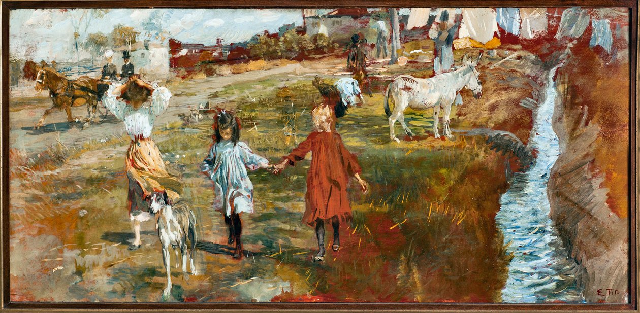 Landsbygd med barn och hund, en åsna vid floden (olja på duk av Ettore Tito