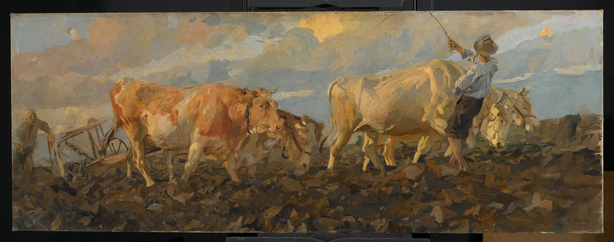 Oxen plöjning, 1911 (olja på linne) av Ettore Tito