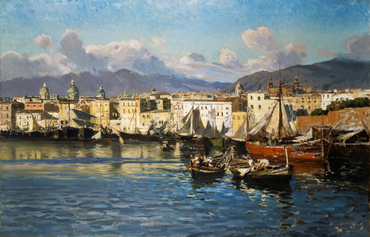 Gamla hamnen i Palermo (olja på duk) av Ettore de Maria Bergler