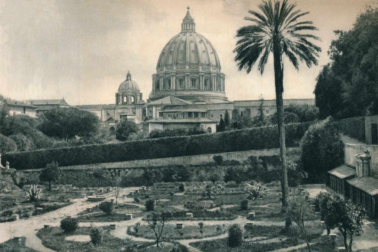 Vatikanens trädgårdar och Peterskyrkan, Rom, Italien, 1927 av Eugen Poppel