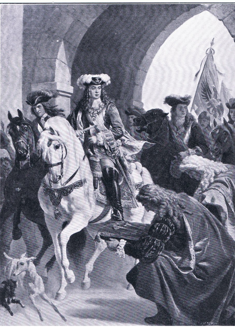 Österrikarna på väg in i Belgrad, illustration från Landmarks in European History publicerad av Gresham Publishing Co, ca 1920 (litho) av Eugen von Blaas