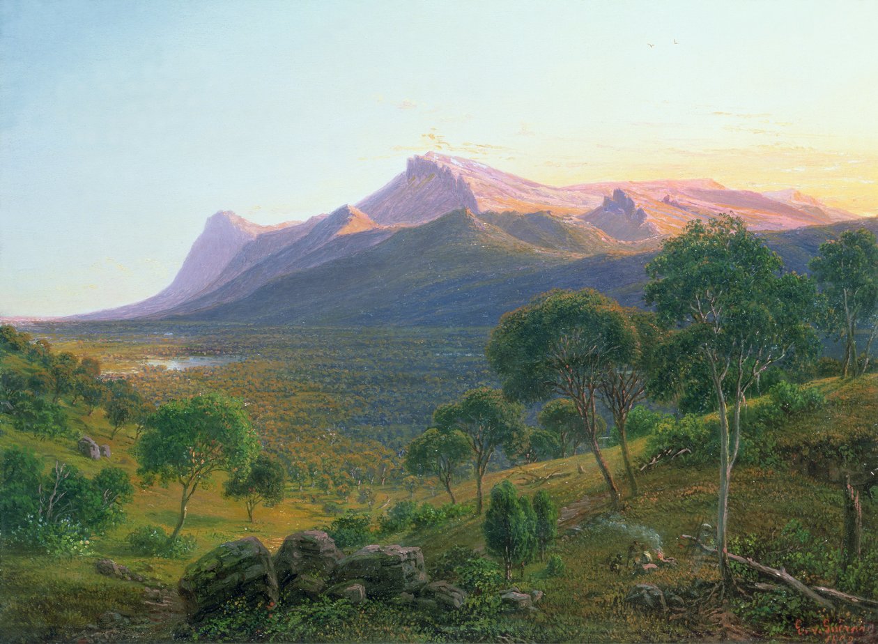 Aborigines by a Fire före Mount William sett från Mount Dryden i Grampians, Victoria, 1892 (olja) av Eugene von Guérard