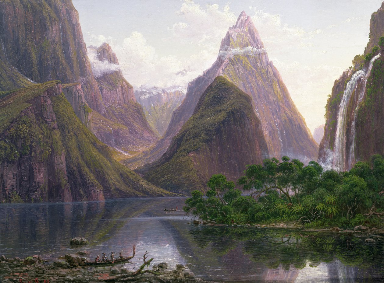 Inhemska figurer i en kanot vid Milford Sound, västkusten av South Island, Nya Zeeland, avbildade också är Mitre Peak och Bowens Fall, 1892 av Eugene von Guérard