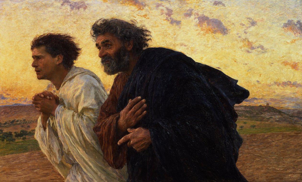 Lärjungarna Petrus och Johannes springer till graven på uppståndelsens morgon, ca 1898 av Eugene Burnand