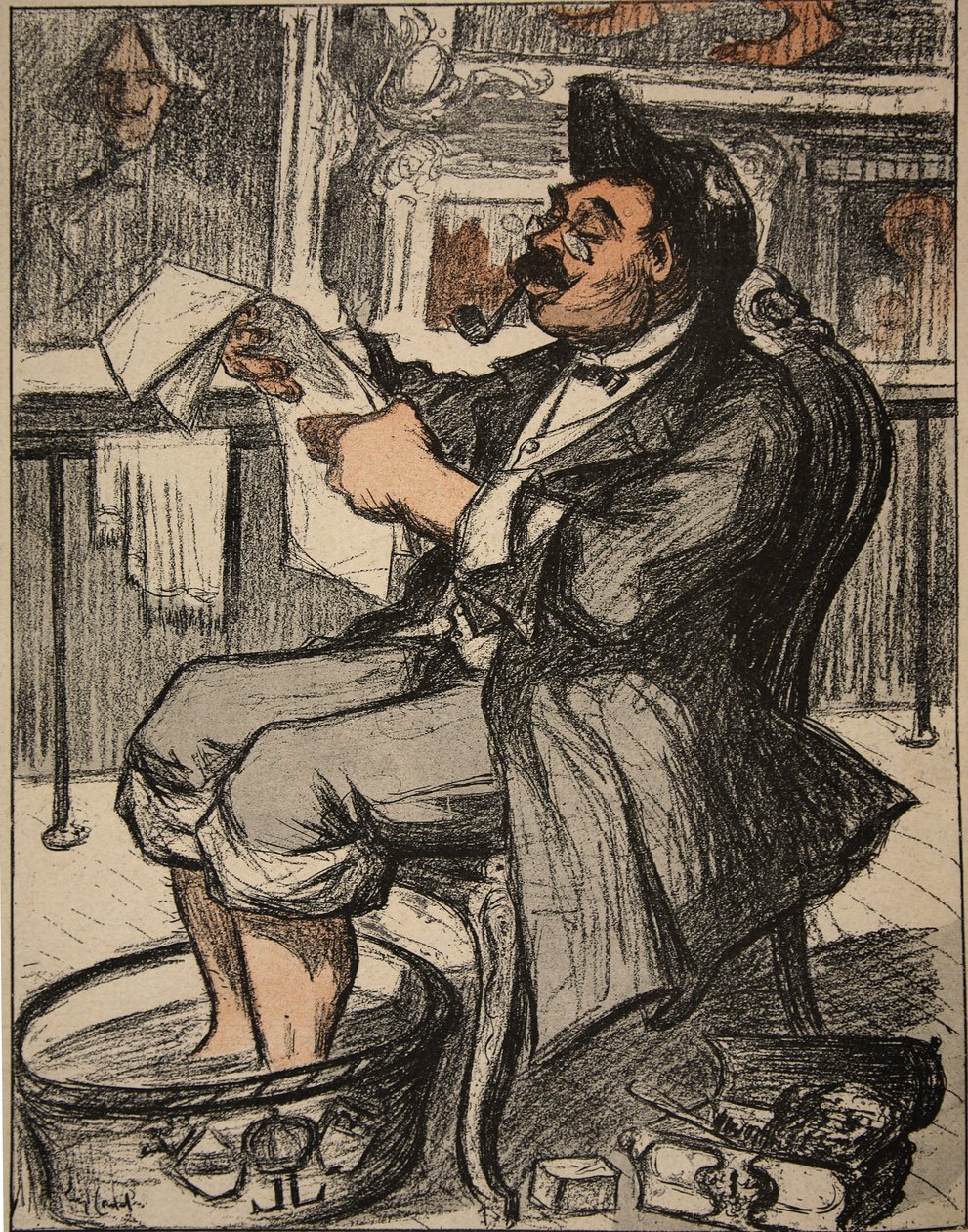 En regeringstjänsteman läser sin tidning med ett fotbad, illustration från 