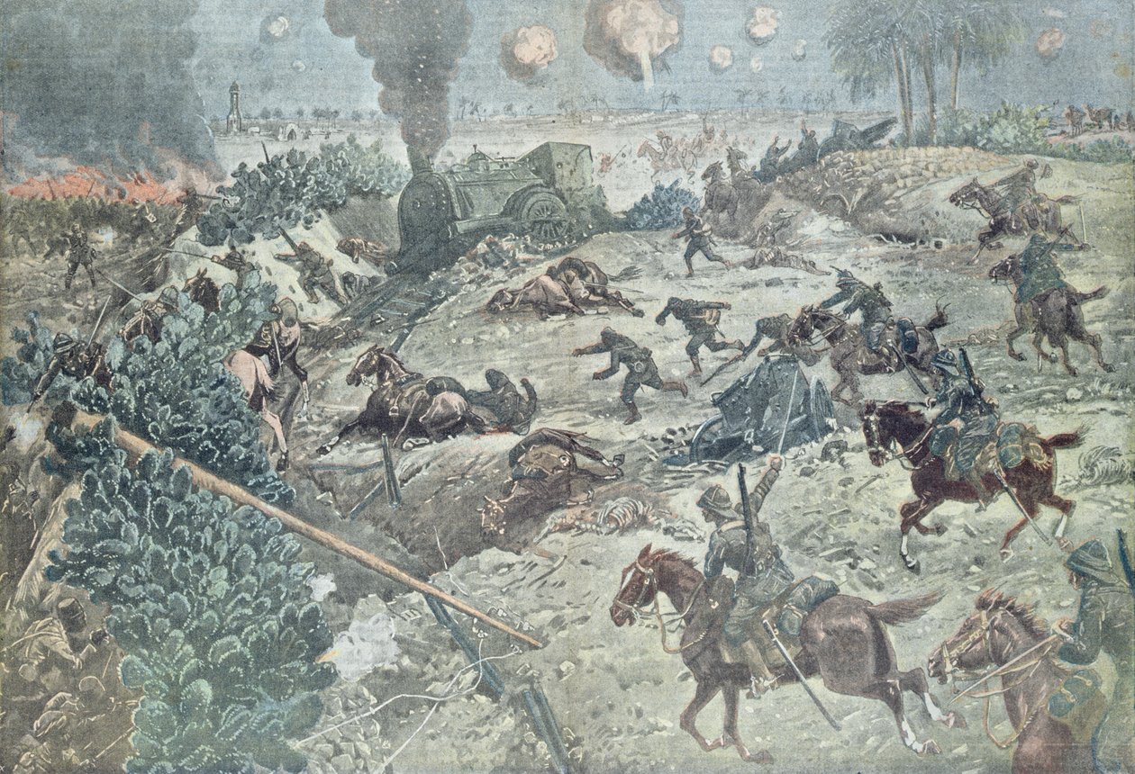 Brittiskt kavalleri skär en järnvägslinje i en strid med turkiska trupper i Palestina, illustration från tidskriften "Le Pelerin" 2 december 1917 av Eugene Damblans