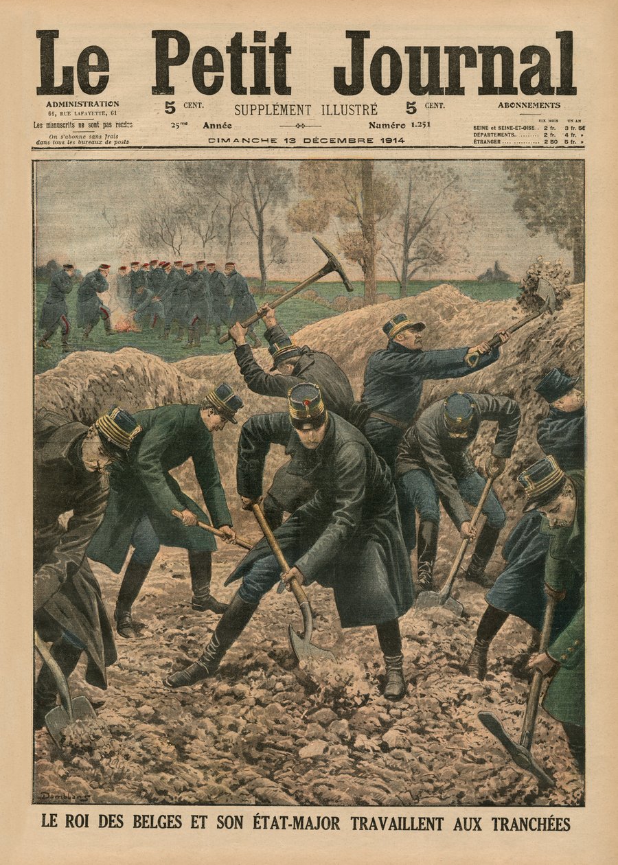 Kungen av Belgien tillsammans med sina stabsofficerare gräver ur skyttegravarna, framsidans illustration från 