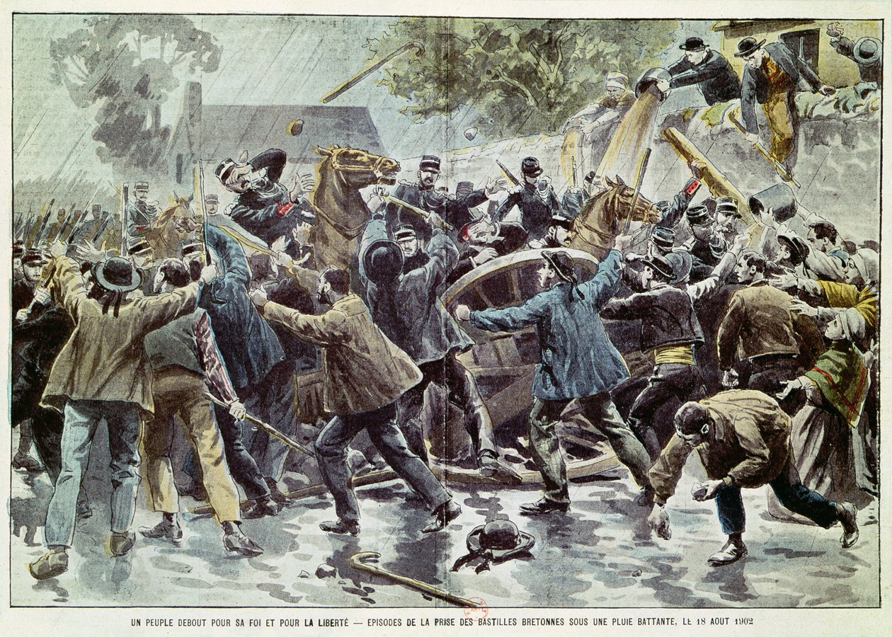 Oroligheter i Bretagne 18 augusti 1902, bretoner mot upprätthållande av lagen om församlingar, 1902 (färgstick) av Eugene Damblans
