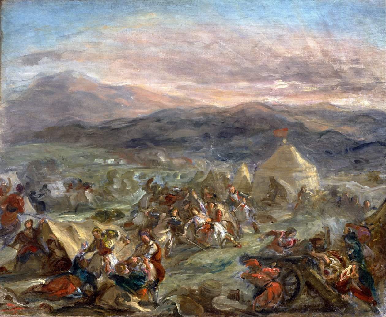 Botzaris överraskar det turkiska lägret och blir dödligt skadad. av Ferdinand Victor Eugene Delacroix