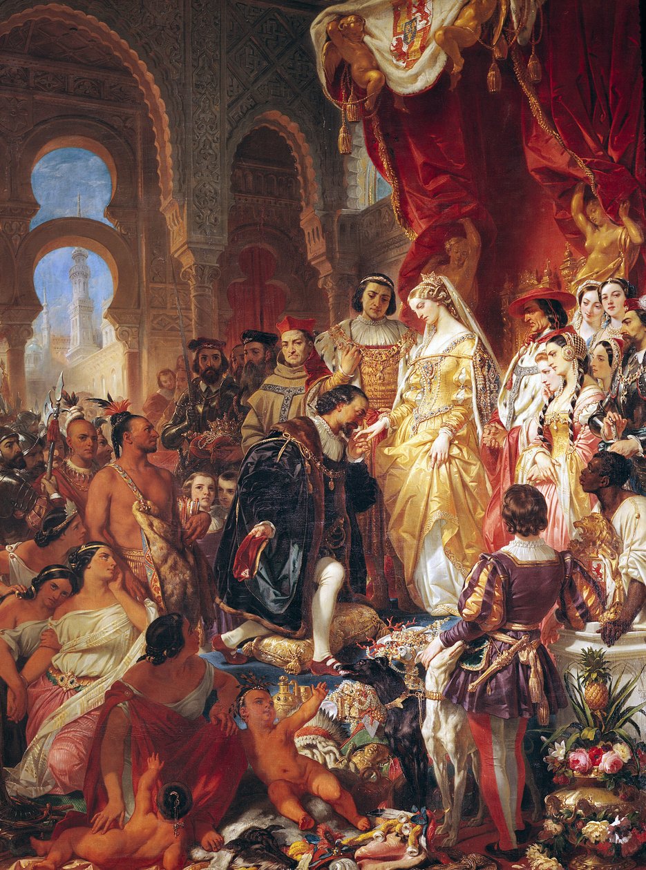 Mottagandet av Christopher Columbus (1450-1506) av Ferdinand II (1452-1516) av Aragon och Isabella (1451-1504) av Kastilien av Eugene Deveria