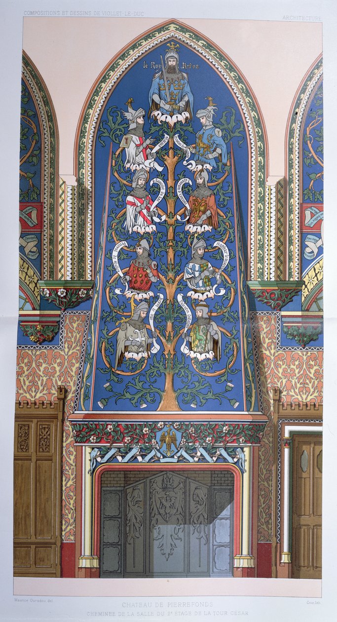 Dekorativt schema med kung Arthur och riddarna av det runda bordet, för en öppen spis i Cesar Tower på Chateau de Pierrefonds, Frankrike (se även 101640) av Eugene Emmanuel Viollet le Duc