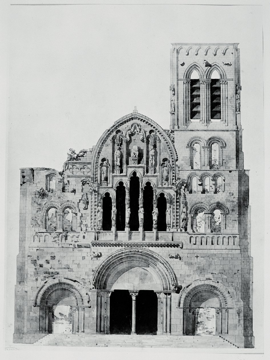 Fasaden på La Madeleine de Vézelay (penna och bläck och wc på papper) av Eugene Emmanuel Viollet le Duc