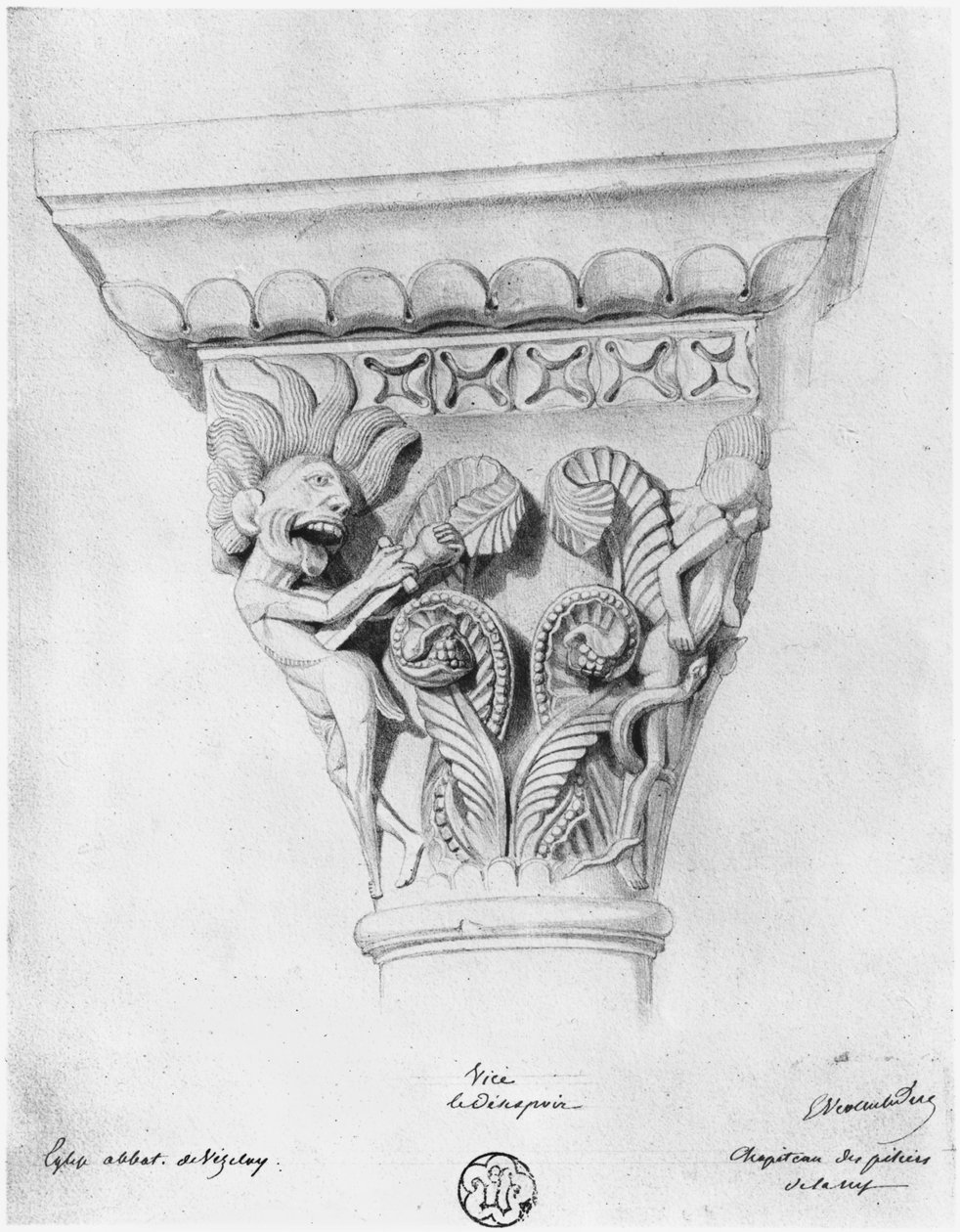 Kapitäl som illustrerar förtvivlans last, klosterkyrkan La Madeleine, Vezelay, Frankrike av Eugene Emmanuel Viollet le Duc