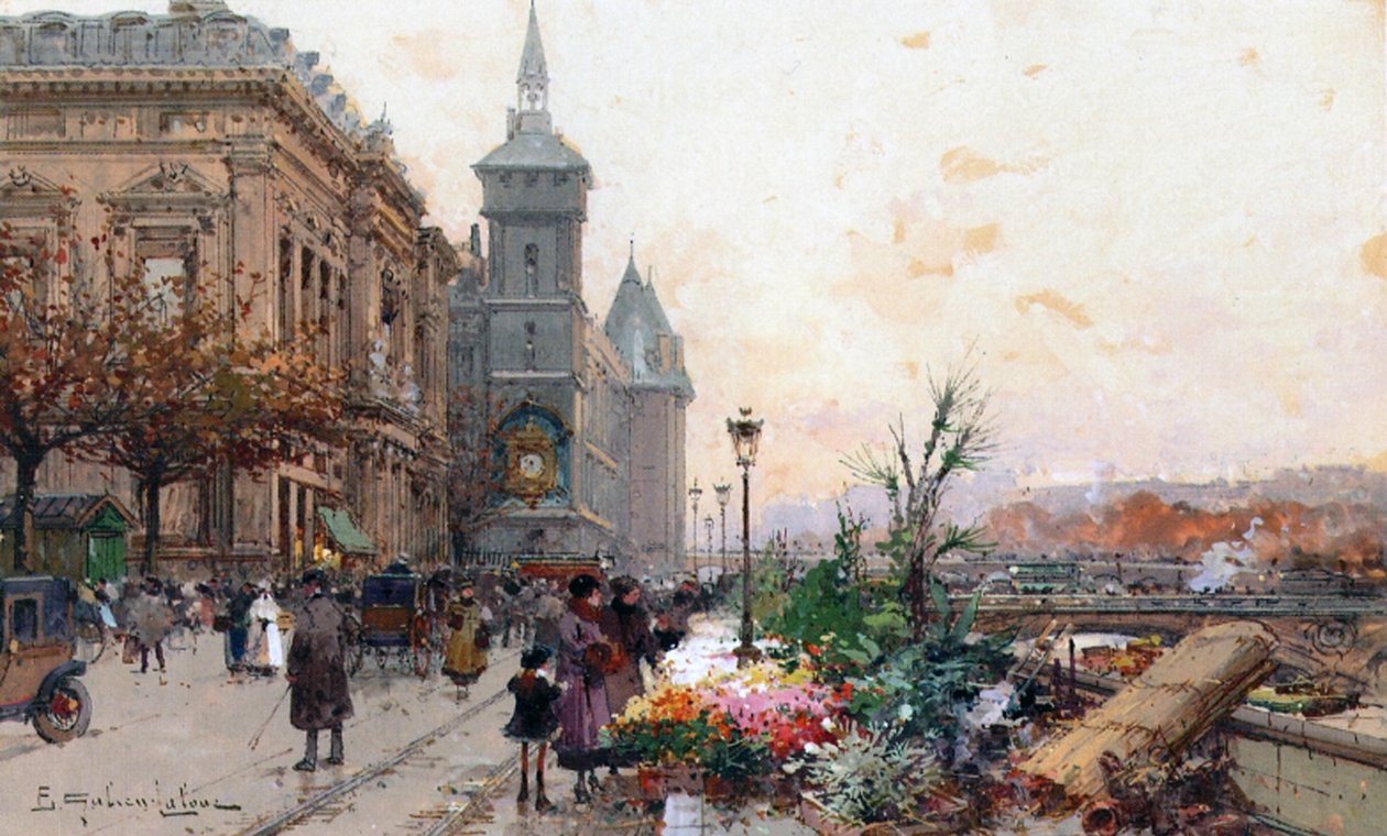 Blomstermarknaden, Paris (gouache och wc på papper) av Eugene Galien Laloue