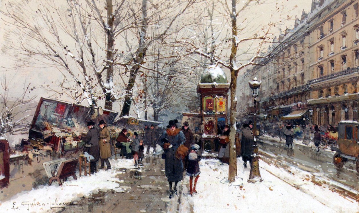 Bokstånd på vintern i Paris (gouache och wc på papper) av Eugene Galien Laloue