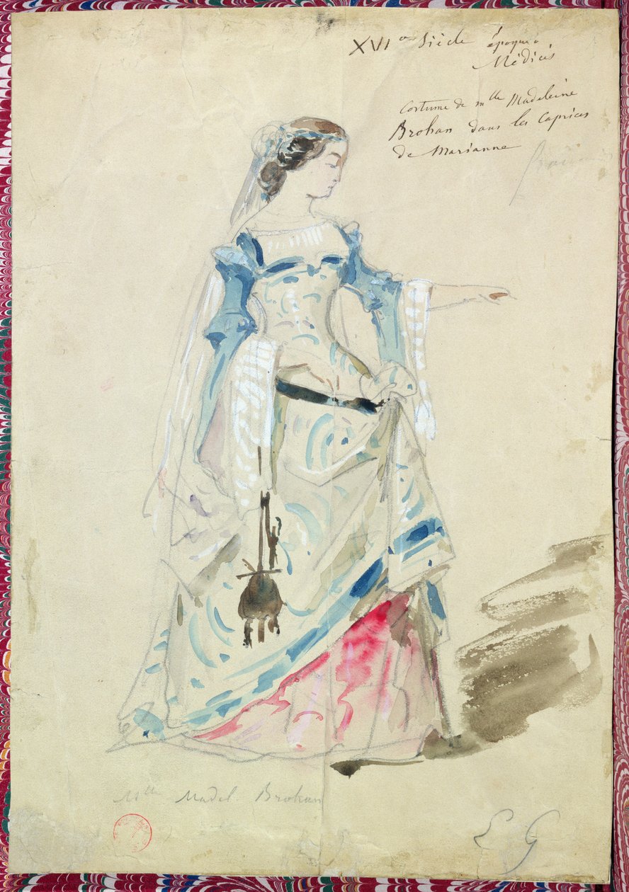 Kostymdesign för Mlle Madeleine Brohant (1833-1900) för rollen som Marianne i "Les Caprices de Marianne" av Alfred de Musset (1810-57) 1851 av Pierre François Eugène Giraud
