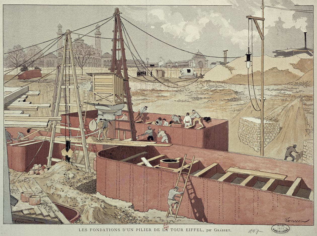Att lägga grunden för Eiffeltornet, 1887 av Eugene Grasset