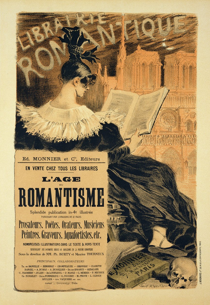 Reproduktion av en affisch som annonserar en bok med titeln "The Romantic Age", 1887 (se 127141) av Eugene Grasset