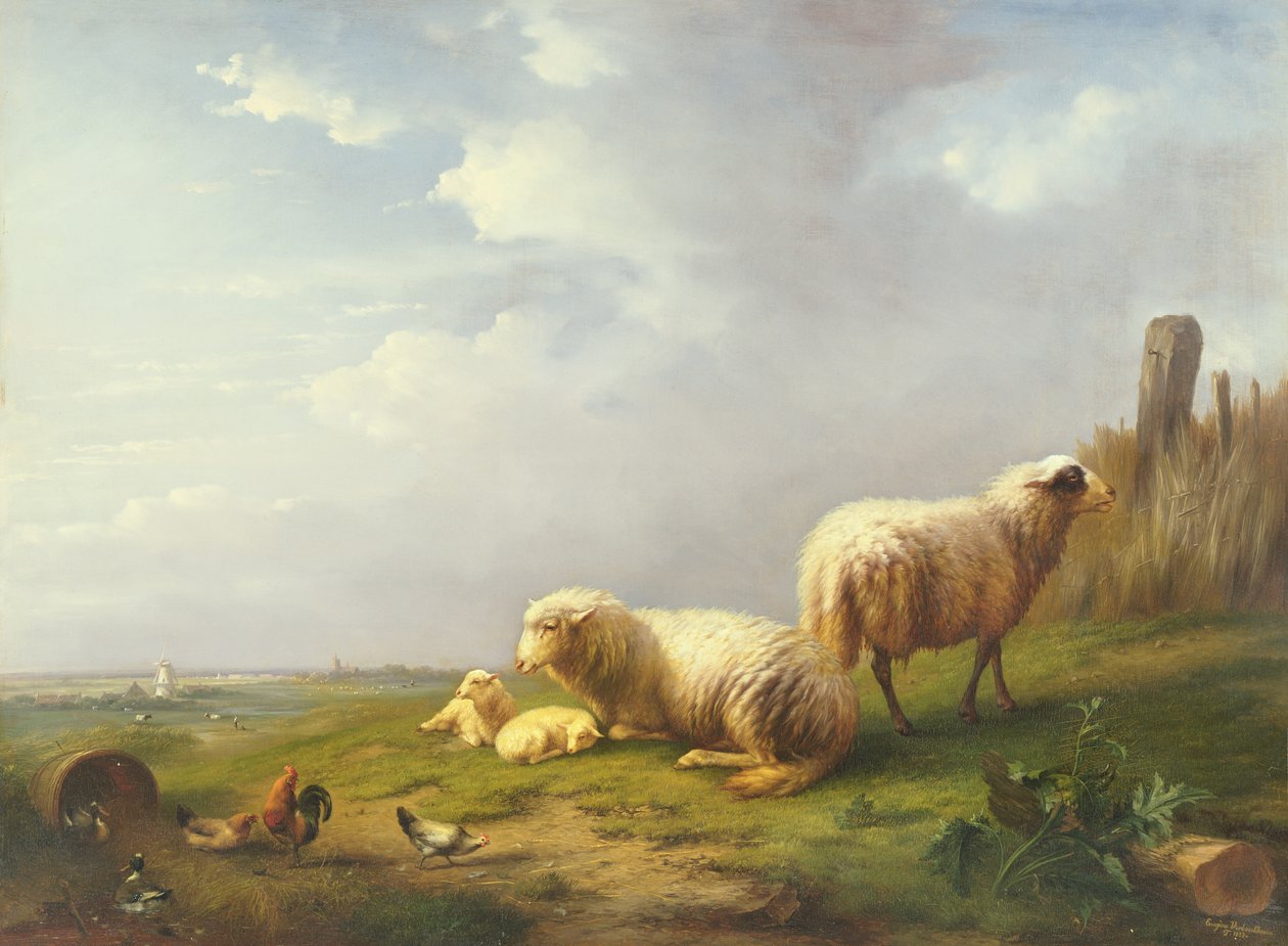 Får och höns i ett landskap, 1800-tal av Eugene Joseph Verboeckhoven