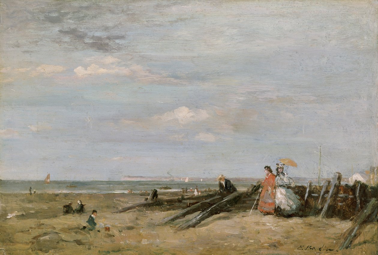 En strandscen i Trouville, 1860-talet (olja på kort på panel) av Eugene Louis Boudin