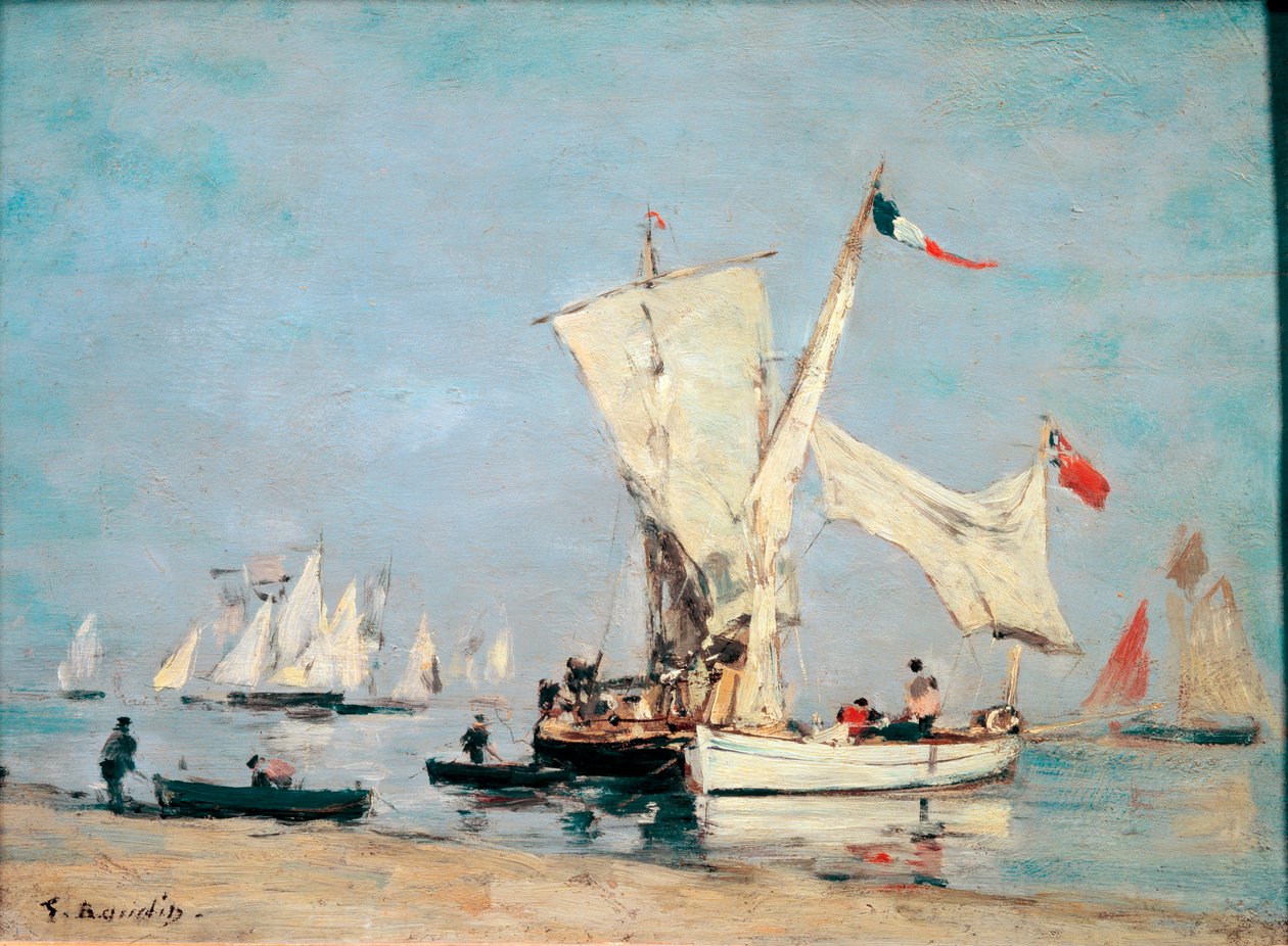 Segelbåtar, cirka 1869, Målning av Eugene Louis Boudin (1824-1898), Sön: 0,24x0,31m, Paris, Musee dOrsay - "" Segelbåtar"", c, 1869, Olja på trä av Eugene-Louis Boudin (1824) -1898), sön: 0,24x0,31m, av Eugene Louis Boudin