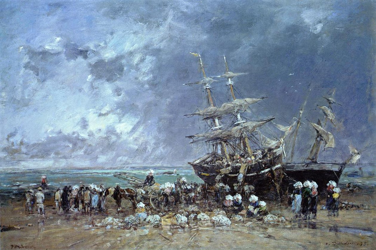 Lossning av Newfoundlands fiskebåt, 1873 av Eugene Louis Boudin
