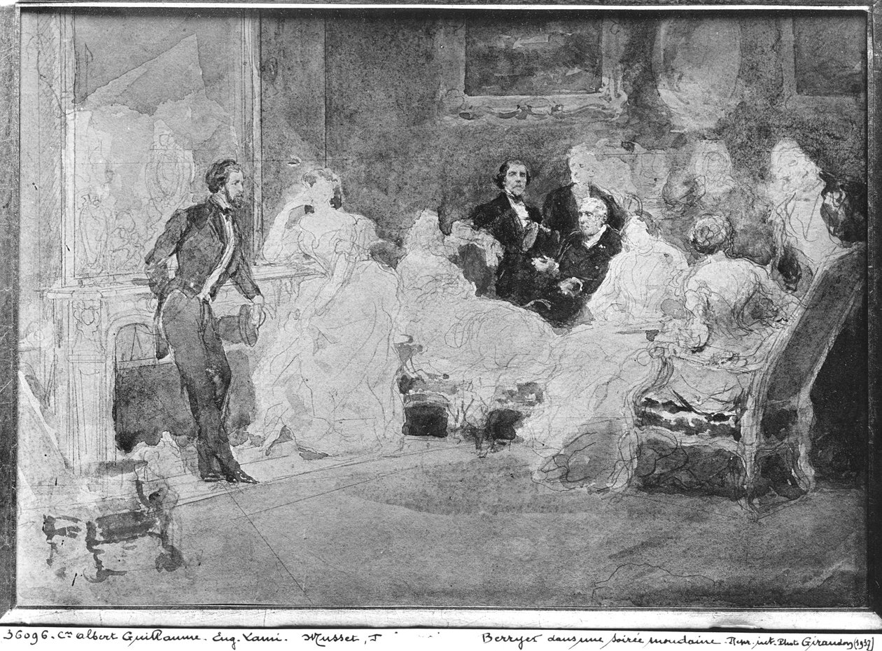 Alfred de Musset (1810-57), Eugene Delacroix (1798-1863) och Pierre Antoine Berryer (1790-1868) vid en sällskapskväll, omkring 1840. av Eugene Louis Lami