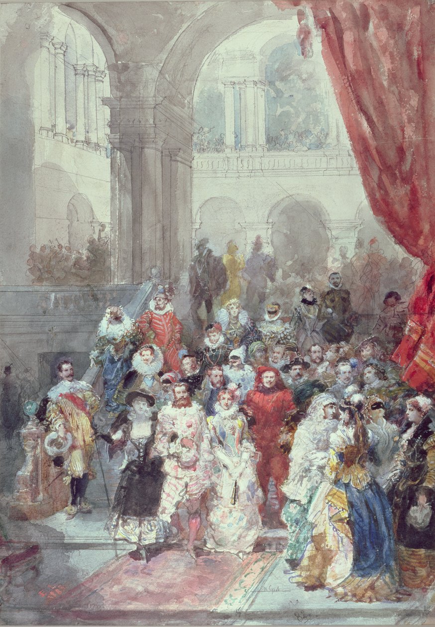 Studie till en kostymbal ges av prinsessan av Sagan, 1883 (wc med grafitunderritning förhöjd med vitt på papper) av Eugene Louis Lami