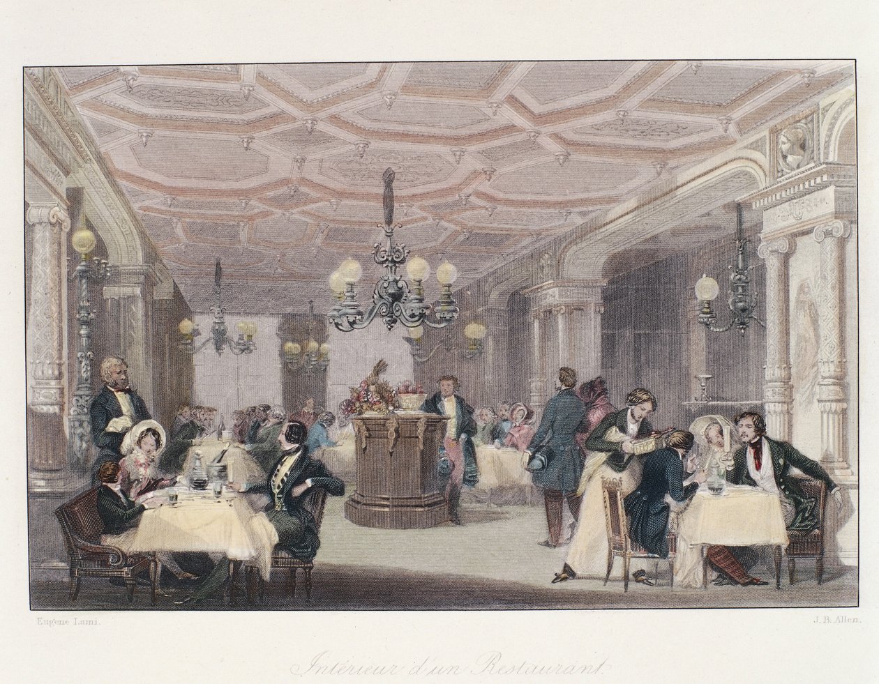 Frankrike, Paris, interiör av Les Trois Freres Provencaux Restaurant med dess inredning från restaureringstiden, från Winter in Paris, av Eugene Lami av Eugene Louis Lami