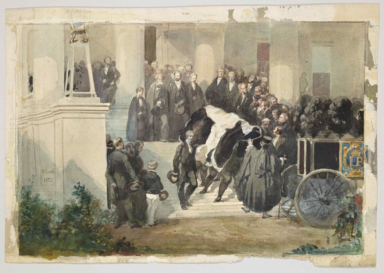 KUNG LOUIS PHILIPPEs kista lämnar CLAREMONT-HUSET I ESHER, SURREY, ENGLAND I AUGUSTI 1850 av Eugene Louis Lami
