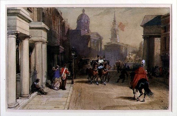 Trafalgar Square från Pall Mall, ca 1848-52 (akvarell & gouache över penna på papper) av Eugene Louis Lami