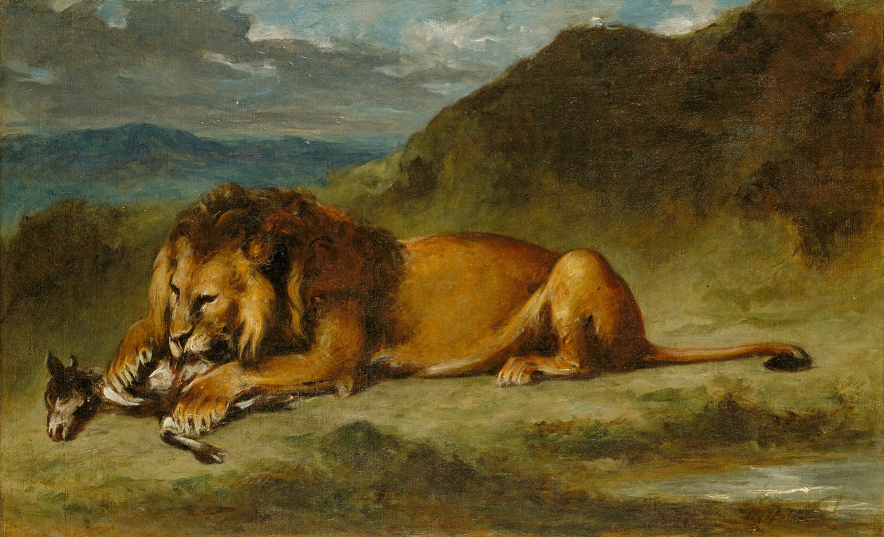 Lion Devouring a Goat, ca 1850 (olja på duk) av Eugene  Delacroix