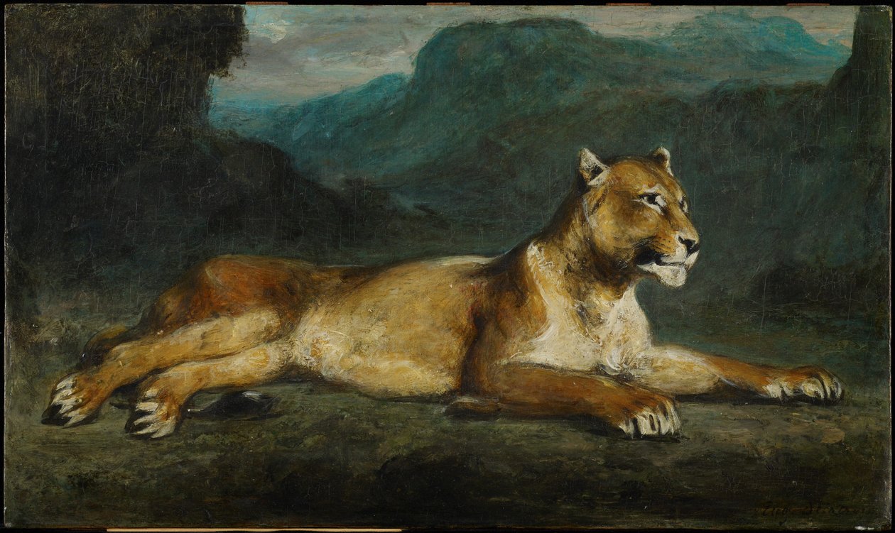 Lejoninna liggande, ca 1855 (olja på panel) av Eugene  Delacroix