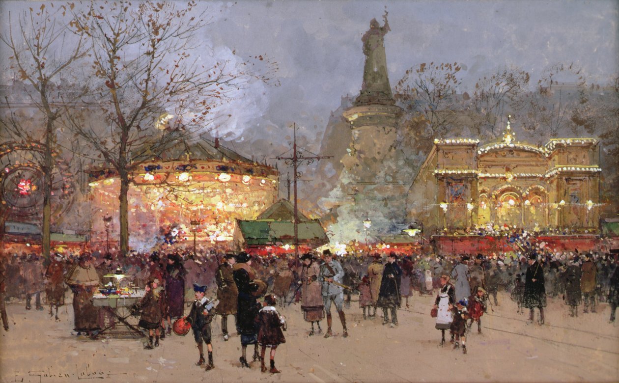 Fete, på Place de La Republique, Paris (svart krita och gouache på papper) av Eugene Galien Laloue