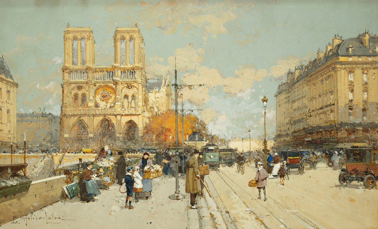 Figurer på en solig gata i Paris, Notre Dame till vänster av Eugene Galien Laloue