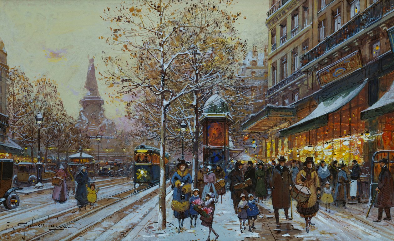 Place de la Republique, Paris (kol & kroppsfärg på papper) av Eugene Galien Laloue