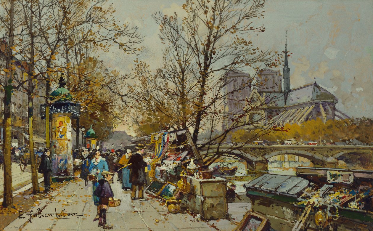 The Rive Gauche, Paris, med Notre Dame Beyond (kroppsfärg på kortet) av Eugene Galien Laloue