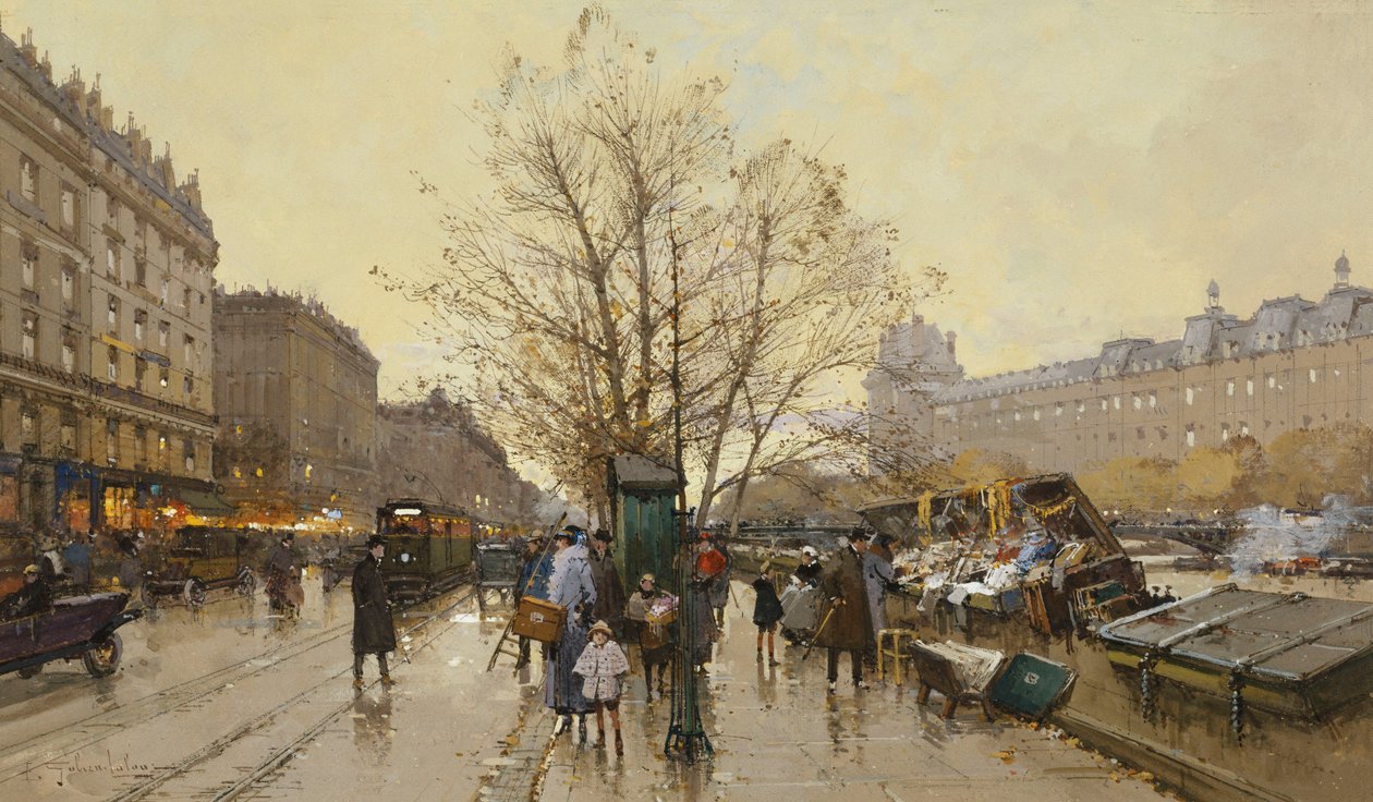 hamnen i Paris; Les Quais i Paris av Eugene Galien Laloue