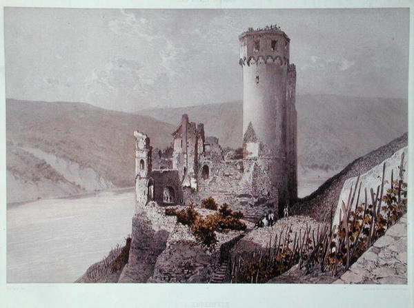 Schloss Ehrenfels i Rhendalen, ca 1863 (färg litho) av Eugene (after) Ciceri