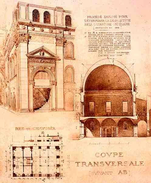 Plan, tvärsnitt och höjd av loggian, eller Palazzo del Commune, Brescia, Italien, från 