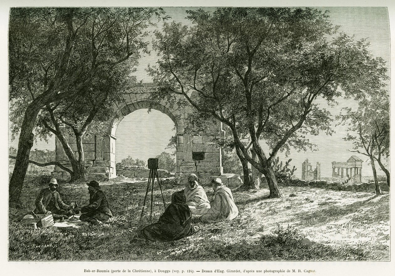 Bab-er-Roumia (Bab er Roumia), porten till den kristna kvinnan, romerska ruiner i Dougga, picknick för resenärer och deras guider, runt en kamera. Gravyr av Eugene Girardet, för att illustrera berättelsen Voyage en Tunisie, av R.Cagnat och H.Saladin, ankla av Eugene Alexis Girardet