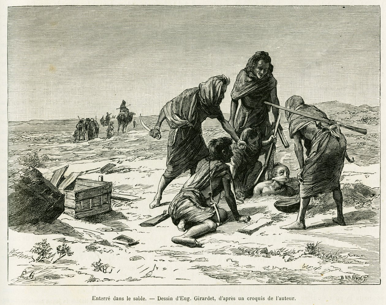 Gräv ner i sanden. Gravyr av Eugene Girardet, för att illustrera berättelsen Fem månader i Västsaharas nomadiska hedar, 1887, av Camille Douls, i le tour du monde 1888, under ledning av Edouard Charton (1807-1890), Hachette, Paris. av Eugene Alexis Girardet