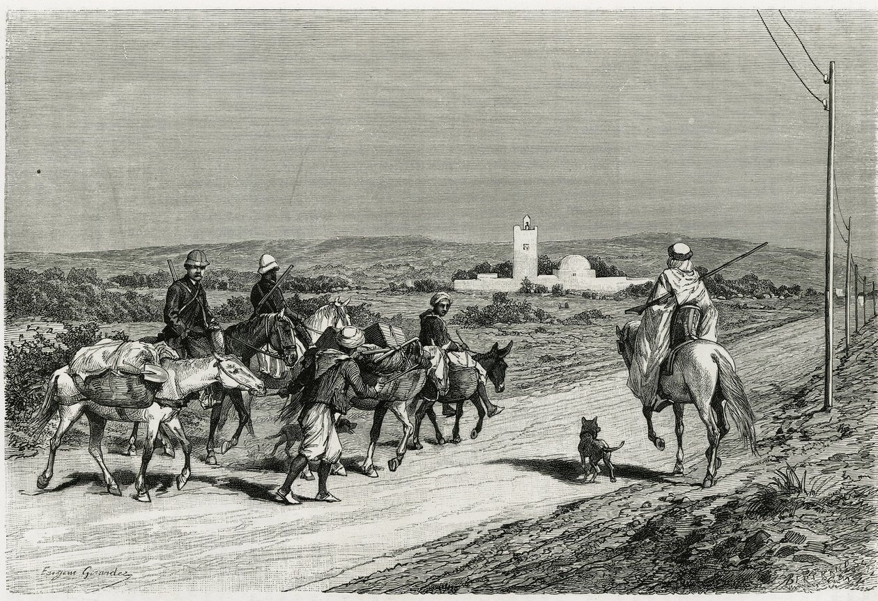Vår trailer flyttar. Graverad av Eugene Girardet, för att illustrera berättelsen "" Voyage en Tunisie", av Rene Cagnat (1852-1937) historiker och Henri Saladin (1851-1923), arkitekt, beställd 1882-1883, av ministeriet för offentlig undervisning. Publicerad av Eugene Alexis Girardet