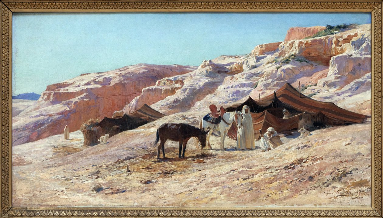 Lägret, oljemålning på duk av Eugene Girardet (1853-1907), läger för en grupp arabiska resenärer (beduiner) i ett landskap av sanddyner. Dämpa. 50x60 cm. Fotografi, KIM Youngtae, Nantes, Musee des Beaux Art de Nantes. av Eugene Alexis Girardet