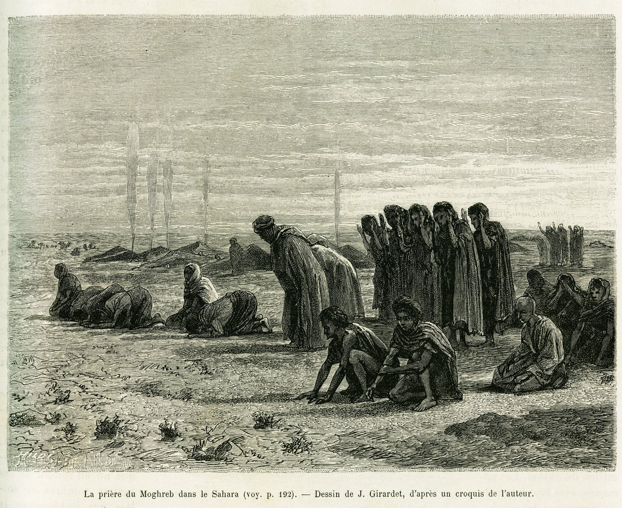 Moghreb-bönen i Sahara. Gravyr av J.Girardet, för att illustrera berättelsen Cinq mois chez les moures nomades du Sahara occidental, 1887, av Camille Douls, i le tour du monde 1888, under ledning av Edouard Charton (1807-1890), Hachette, Pa av Eugene Alexis Girardet