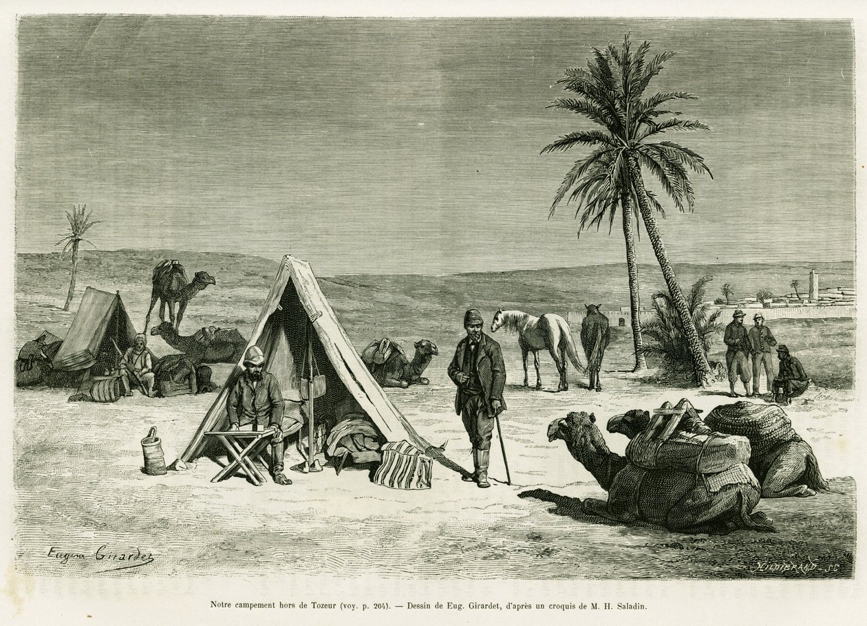 Resenärsläger i närheten av Tozeur. Gravyr av Eugene Girardet för att illustrera berättelsen Voyage en Tunisie, av R.Cagnat och H.Saladin, i le tour du monde 1886, regisserad av Edouard Charton (1807-1890), Hachette, Paris. av Eugene Alexis Girardet