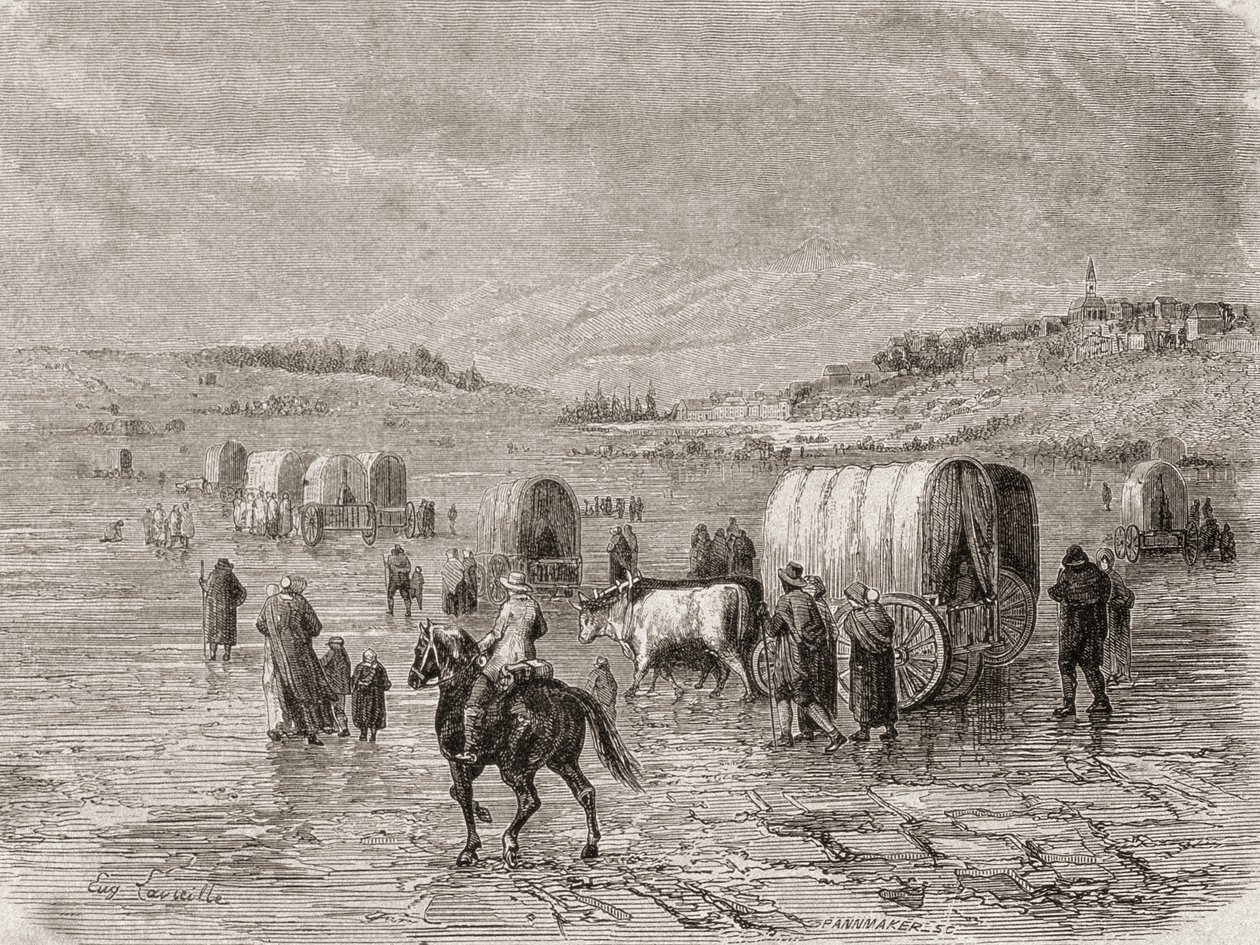 Ett vagnståg på väg västerut på 1860-talet, graverat av Stephane Pannemaker (1847-1930) av Eugene Antoine Samuel Lavieille