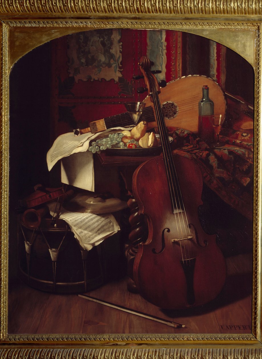 Stilleben med musikinstrument. Målning av Eugene Appert (1814 - 1867) av Eugene Appert