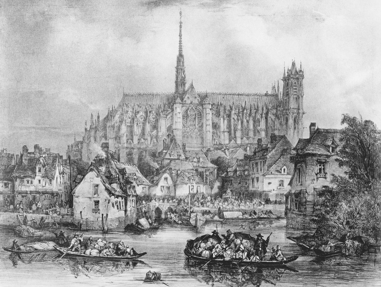 Utsikt över katedralen Notre Dame, Amiens, från Pont Dudon (litho) (bw foto) av Eugene Balan
