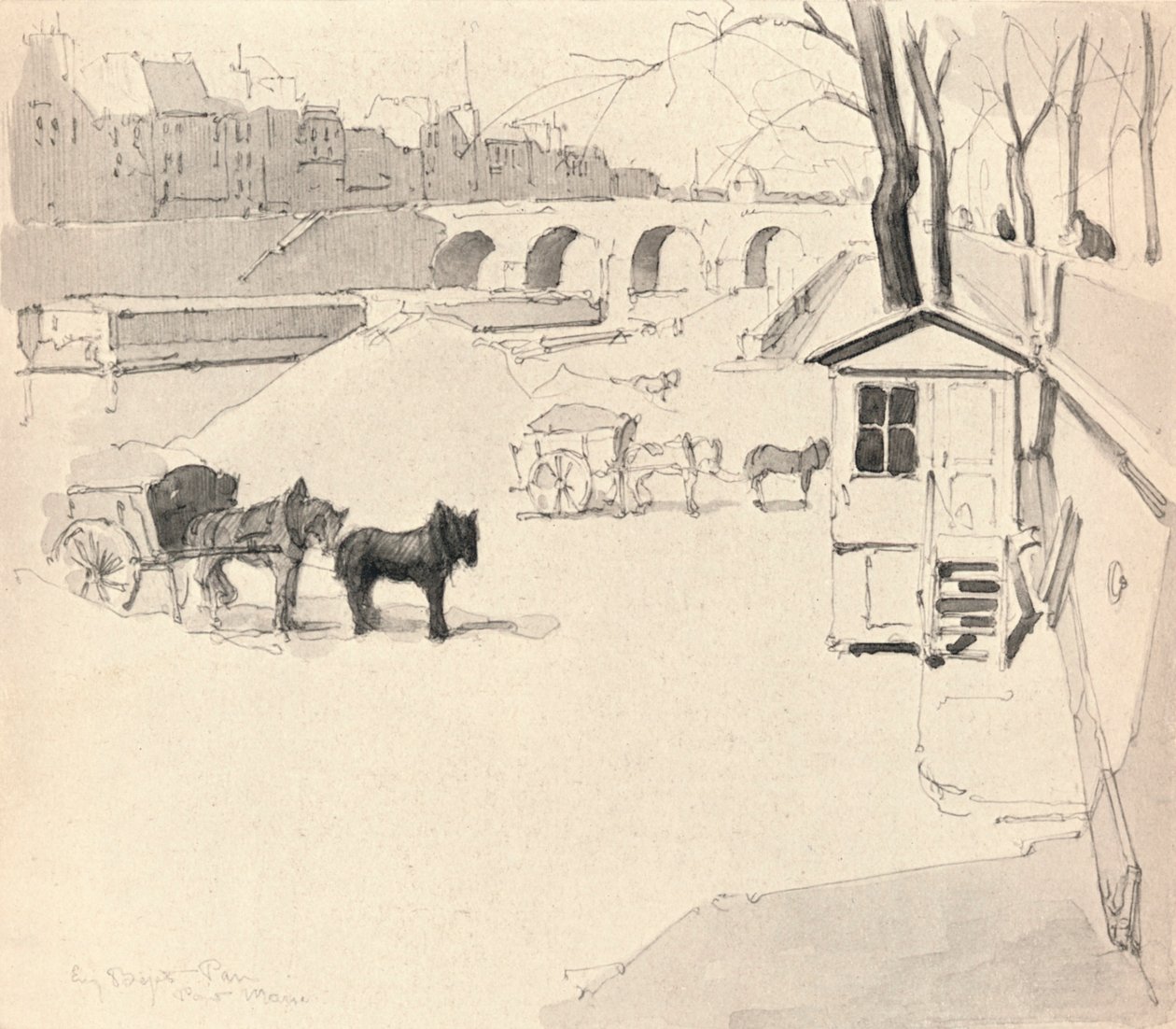 Pont Marie - Hästar och vagnar, 1915 av Eugene Bejot